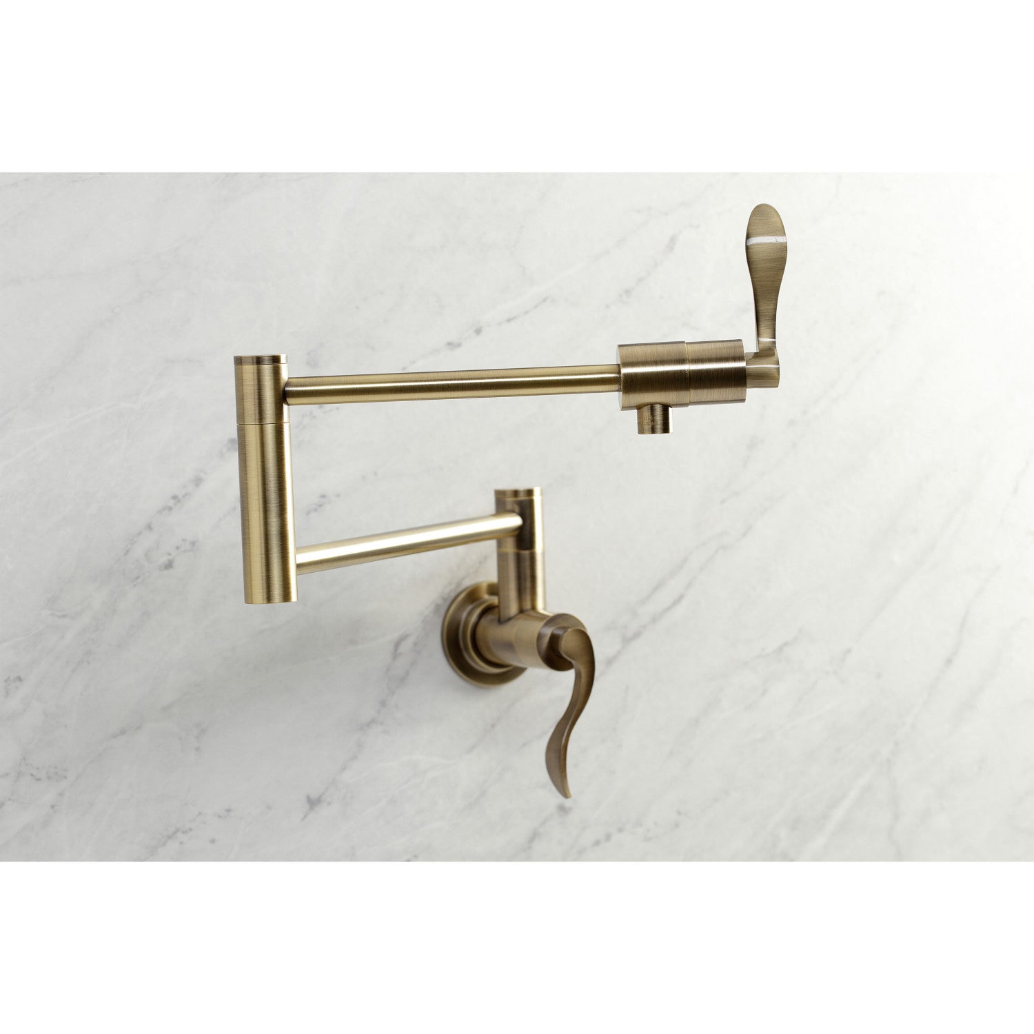 Kingston Tulare KS4103DFL - NuWave Two-Handle 1-Hole Wall Mount Pot Filler Faucet, Antique Brass — thumbnail 3